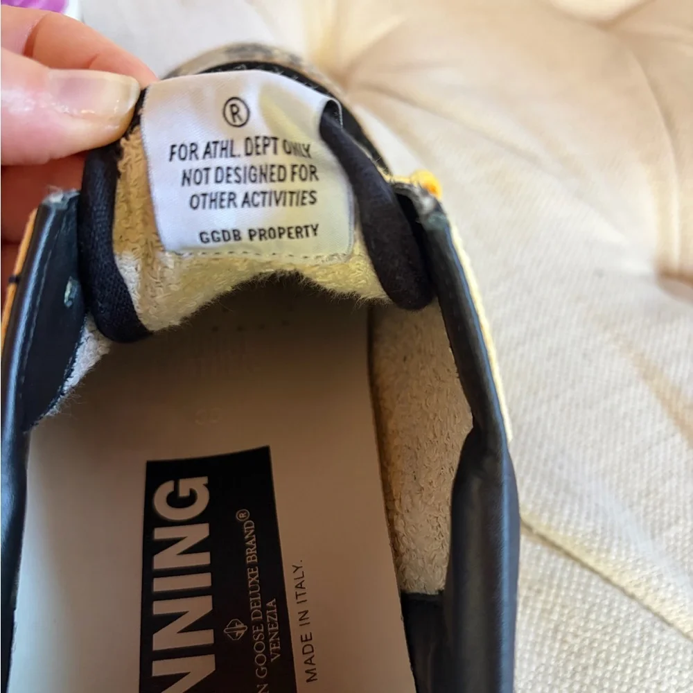 Golden Goose Snake Print Running Sneakers with Yellow Designer Laces